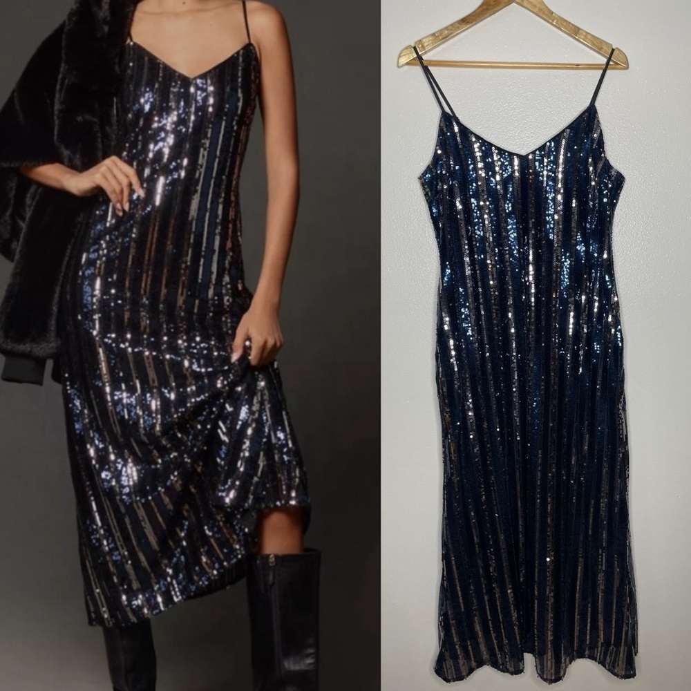 Maeve | Anthropologie Sparkly‎ Holiday Sequin Navy Slip Dress
